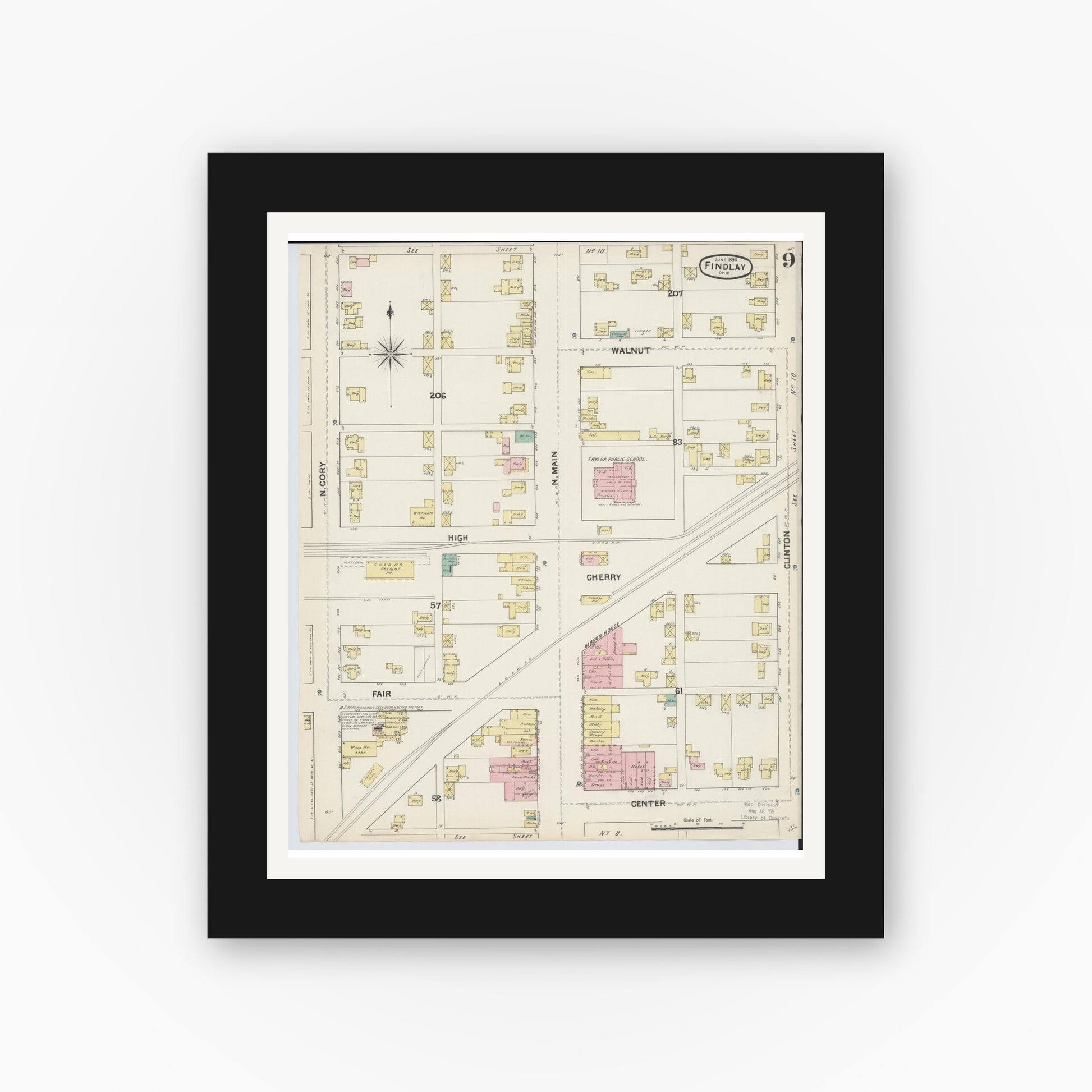 Old map wall art mockup — black gallery frame with white mat — Sanborn Fire Insurance Map from Findlay, Hancock County, Ohio (1890), Sheet #0009
