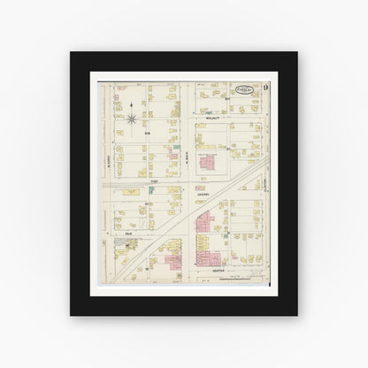Old map wall art mockup — black gallery frame with white mat — Sanborn Fire Insurance Map from Findlay, Hancock County, Ohio (1890), Sheet #0009