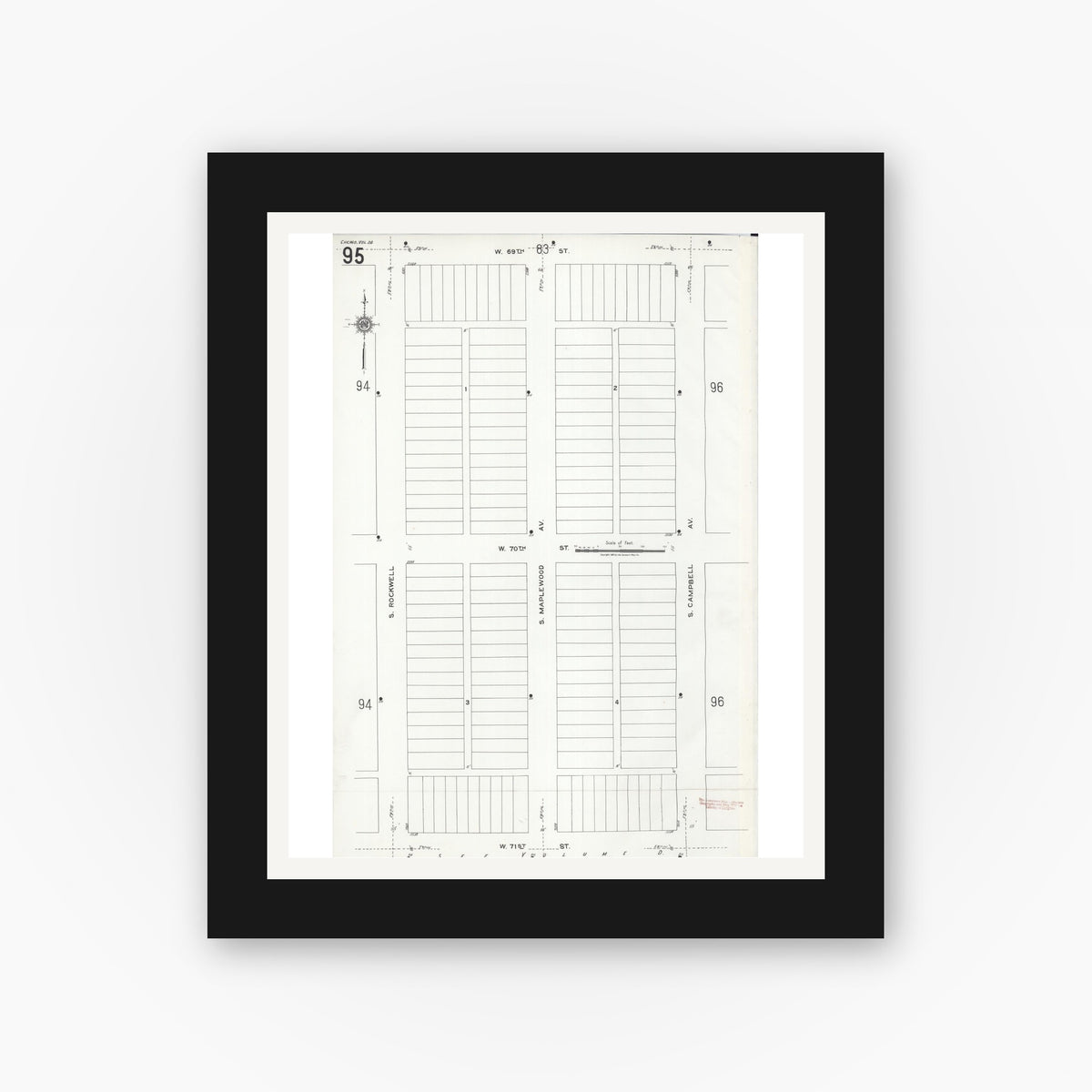 Old map wall art mockup — black gallery frame with white mat — Sanborn Fire Insurance Map from Chicago, Cook County, Illinois (1920), Sheet #0095