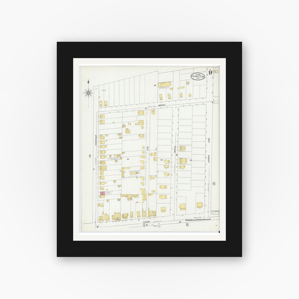 Old map wall art mockup — black gallery frame with white mat — Sanborn Fire Insurance Map from Princeton, Mercer County, New Jersey (1906), Sheet #0009
