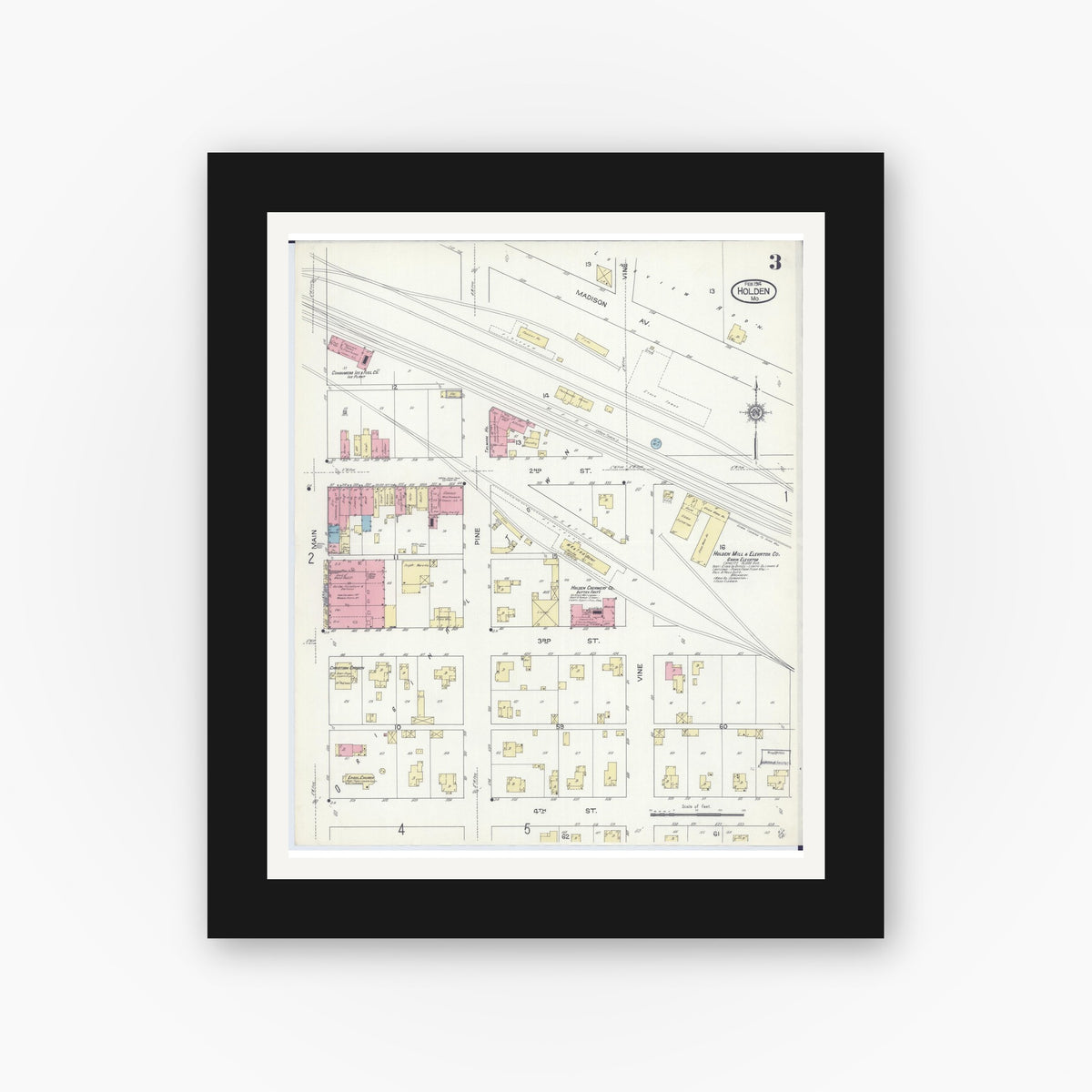 Old map wall art mockup — black gallery frame with white mat — Sanborn Fire Insurance Map from Holden, Johnson County, Missouri (1914), Sheet #0003