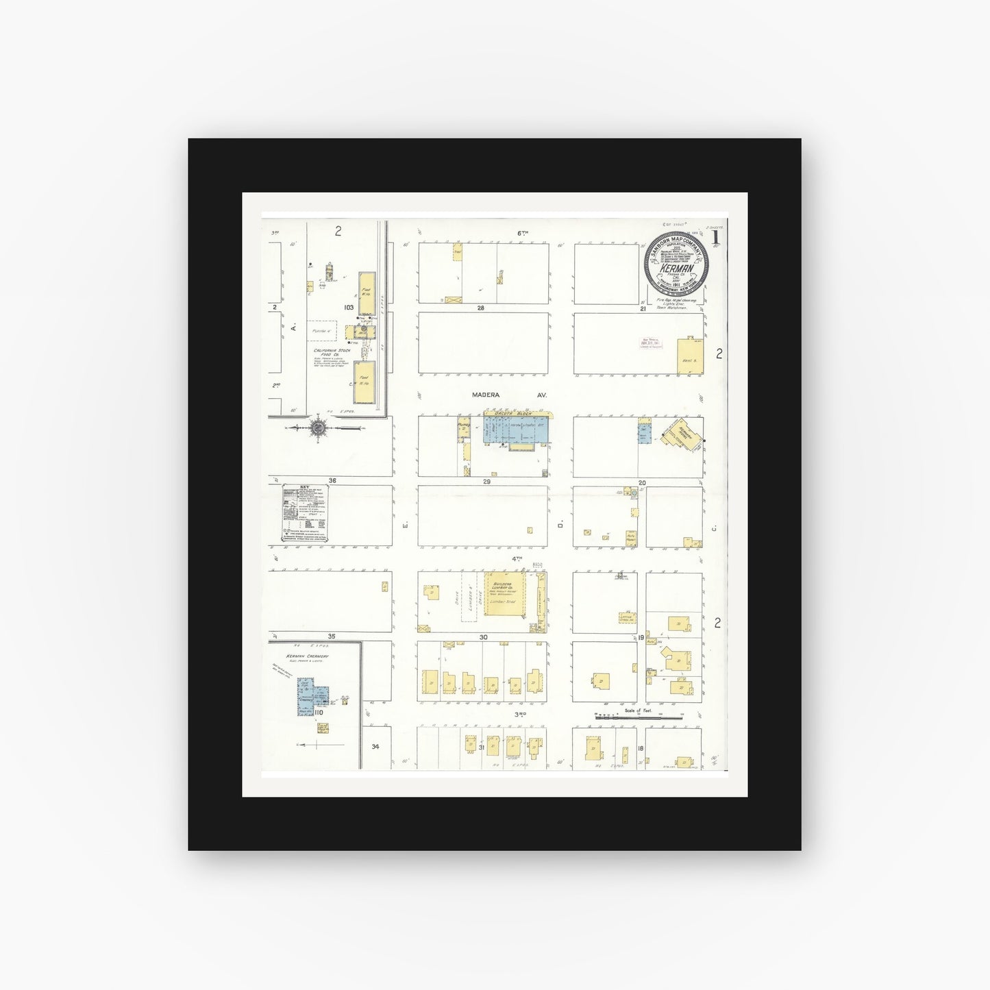 Old map wall art mockup — black gallery frame with white mat — Sanborn Fire Insurance Map from Kerman, Fresno County, California (1911), Sheet #0001
