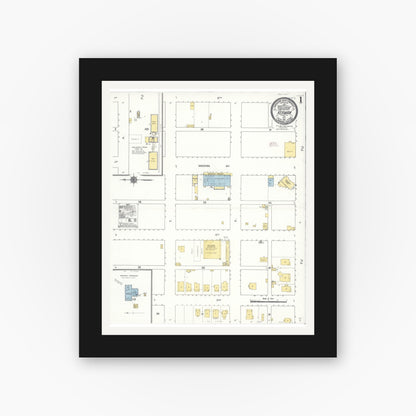 Old map wall art mockup — black gallery frame with white mat — Sanborn Fire Insurance Map from Kerman, Fresno County, California (1911), Sheet #0001