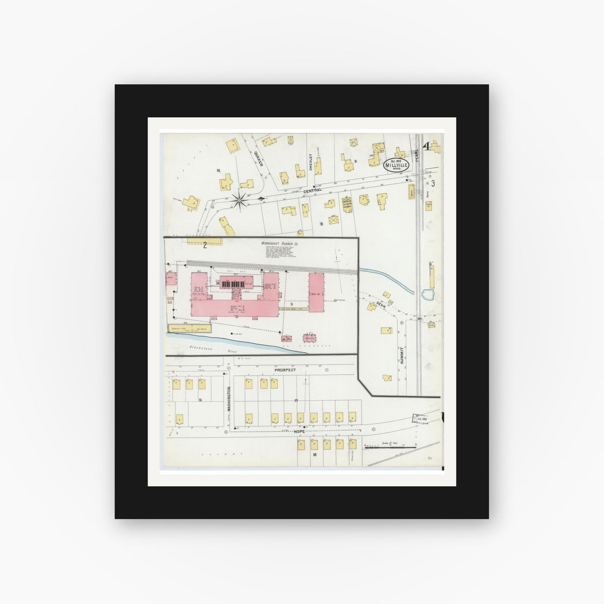 Old map wall art mockup — black gallery frame with white mat — Sanborn Fire Insurance Map from Millville, Worcester County, Massachusetts (1903), Sheet #0004