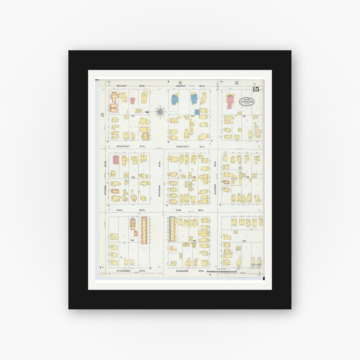 Old map wall art mockup — black gallery frame with white mat — Sanborn Fire Insurance Map from Lansing, Ingham County, Michigan (1906), Sheet #0015