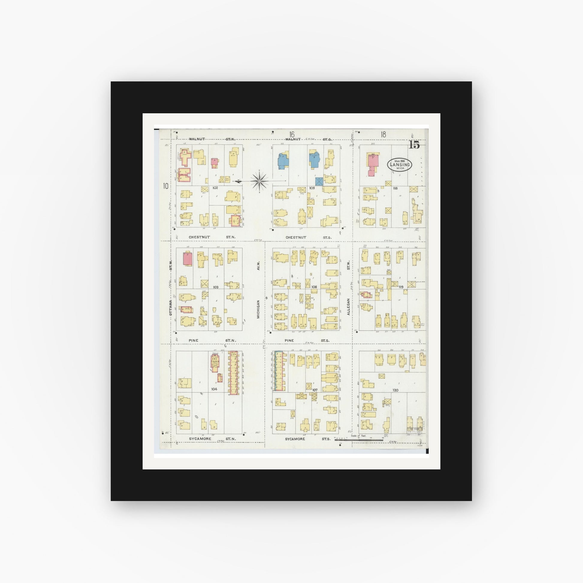 Old map wall art mockup — black gallery frame with white mat — Sanborn Fire Insurance Map from Lansing, Ingham County, Michigan (1906), Sheet #0015