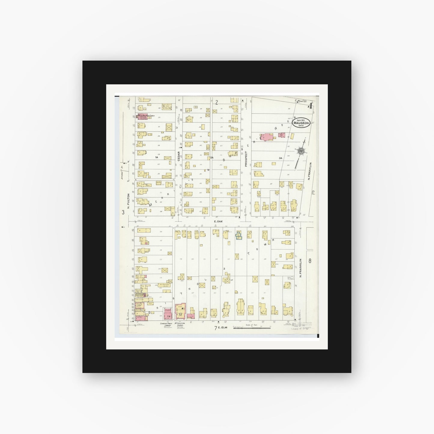 Old map wall art mockup — black gallery frame with white mat — Sanborn Fire Insurance Map from Wauseon, Fulton County, Ohio (1910), Sheet #0004