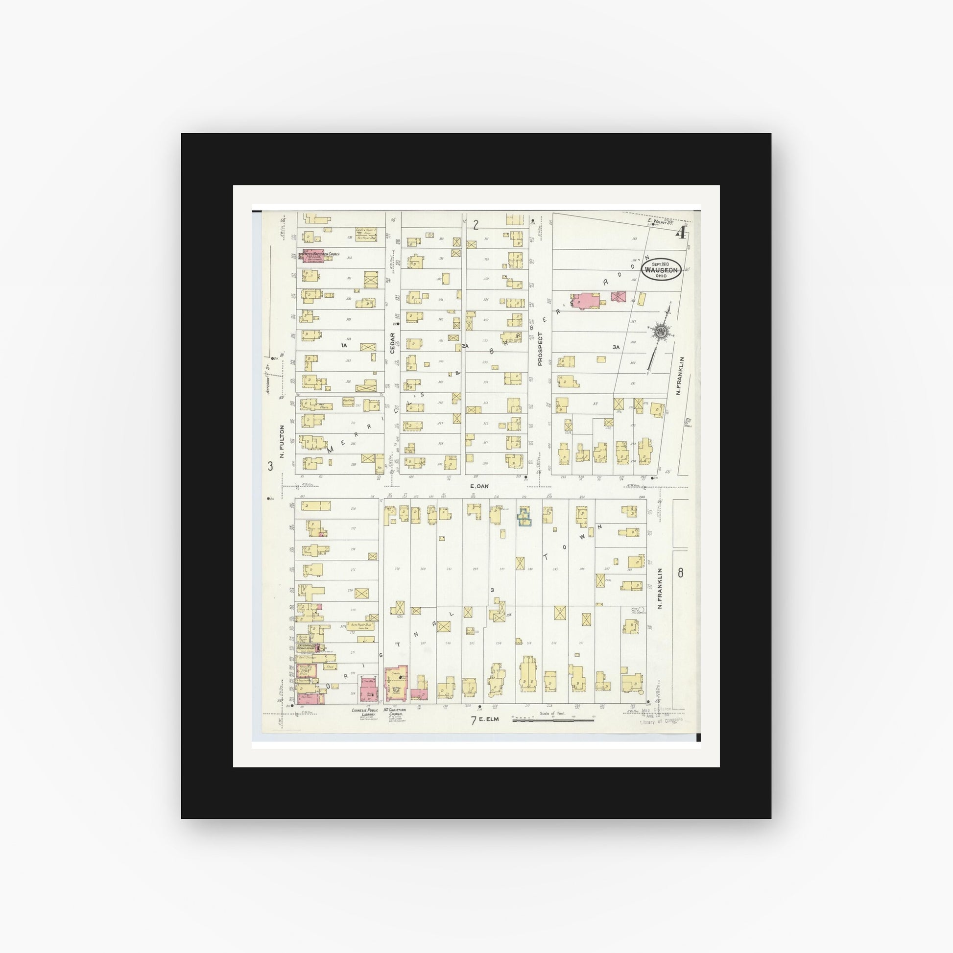 Old map wall art mockup — black gallery frame with white mat — Sanborn Fire Insurance Map from Wauseon, Fulton County, Ohio (1910), Sheet #0004