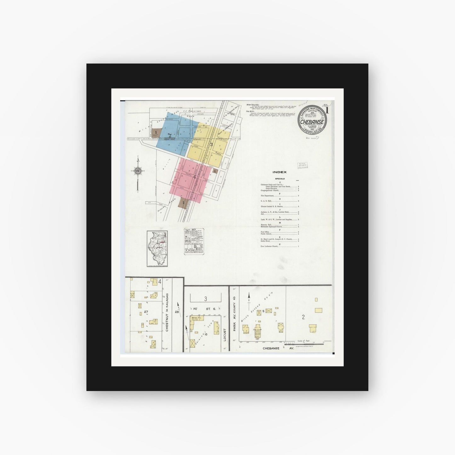 Old map wall art mockup — black gallery frame with white mat — Sanborn Fire Insurance Map from Chebanse, Iroquois And Kankakee County, Illinois (1921) - Complete Map Set