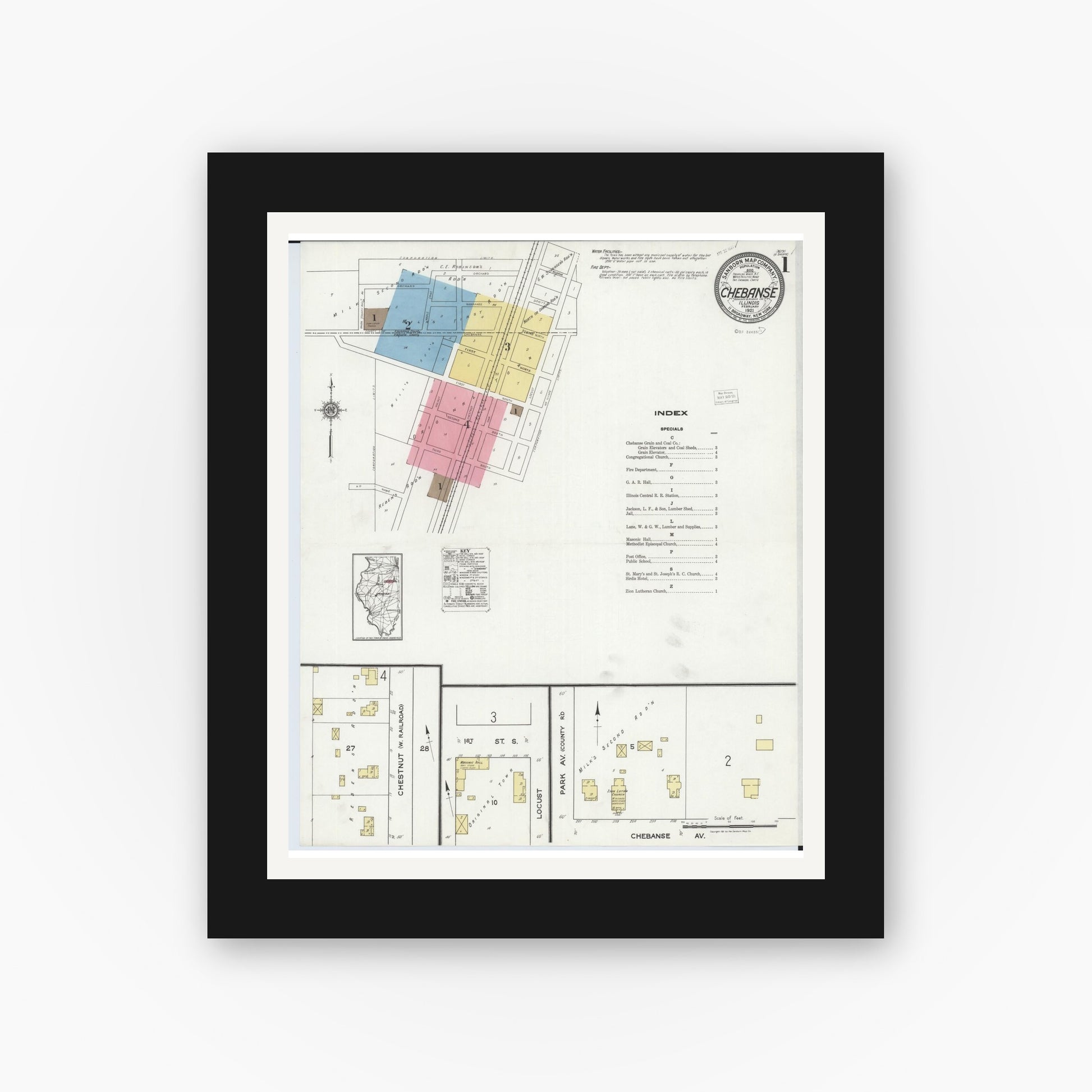 Old map wall art mockup — black gallery frame with white mat — Sanborn Fire Insurance Map from Chebanse, Iroquois And Kankakee County, Illinois (1921) - Complete Map Set