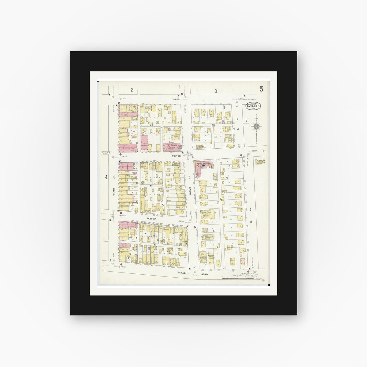 Old map wall art mockup — black gallery frame with white mat — Sanborn Fire Insurance Map from Eveleth, Saint Louis County, Minnesota (1912), Sheet #0005