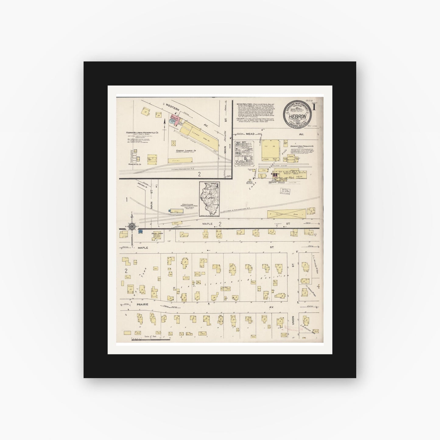 Old map wall art mockup — black gallery frame with white mat — Sanborn Fire Insurance Map from Hebron, McHenry County, Illinois (1922) - Complete Map Set