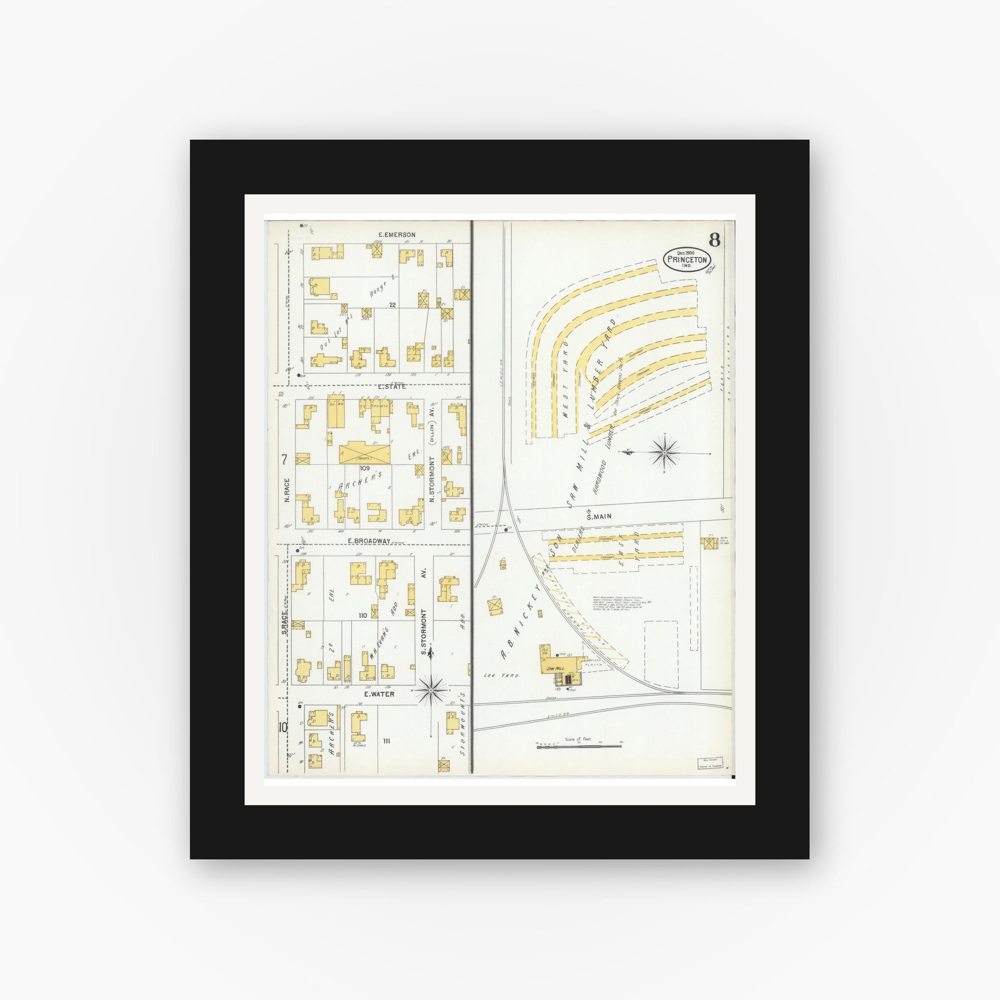 Old map wall art mockup — black gallery frame with white mat — Sanborn Fire Insurance Map from Princeton, Gibson County, Indiana (1900), Sheet #0008