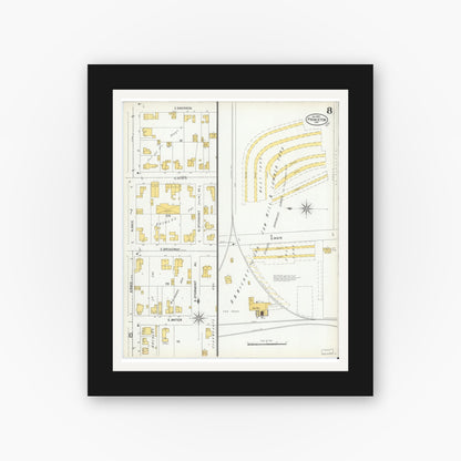 Old map wall art mockup — black gallery frame with white mat — Sanborn Fire Insurance Map from Princeton, Gibson County, Indiana (1900), Sheet #0008