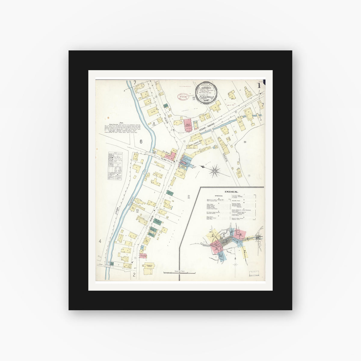 Old map wall art mockup — black gallery frame with white mat — Sanborn Fire Insurance Map from Placerville, El Dorado County, California (1899) - Complete Map Set