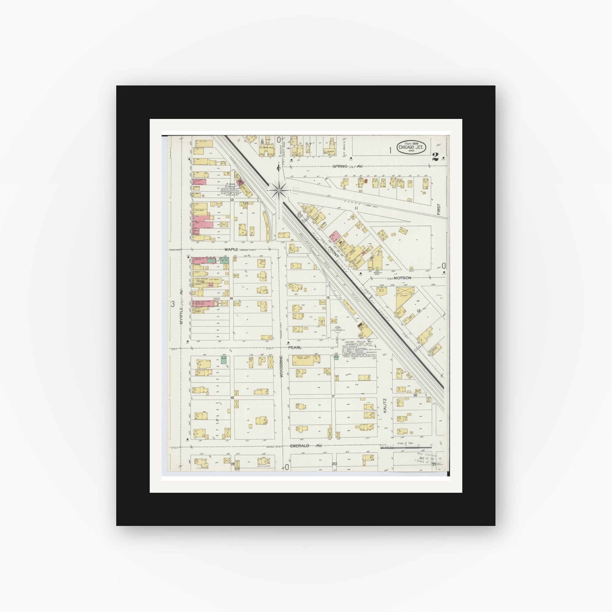 Old map wall art mockup — black gallery frame with white mat — Sanborn Fire Insurance Map from Chicago Junction, Huron County, Ohio (1899), Sheet #0002
