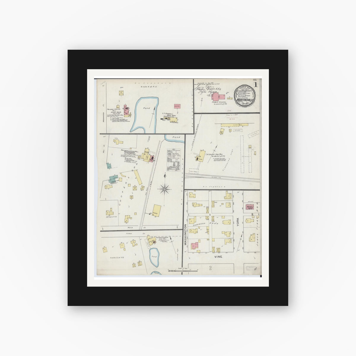 Old map wall art mockup — black gallery frame with white mat — Sanborn Fire Insurance Map from Martinsville, Clark County, Illinois (1893), Sheet #0001