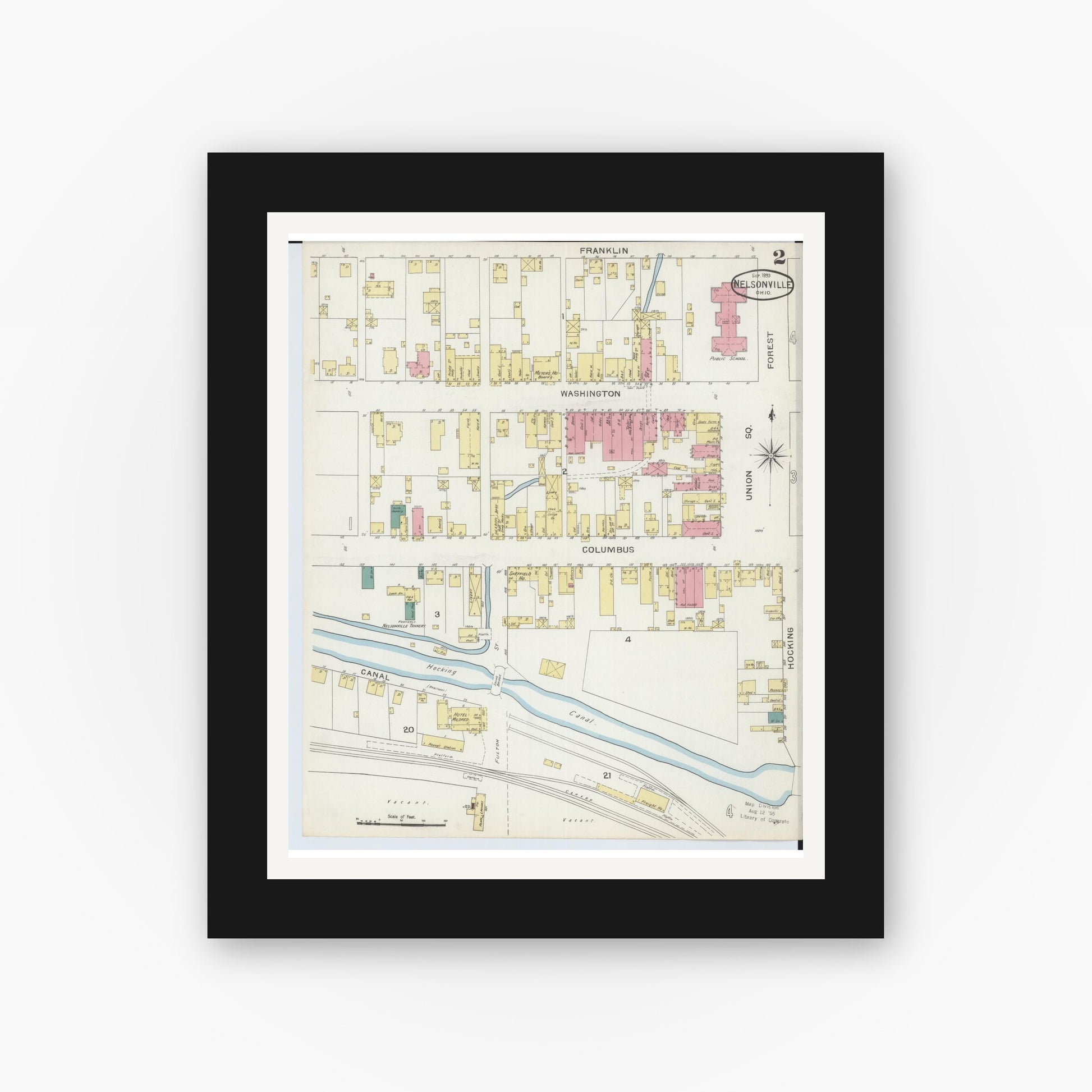 Old map wall art mockup — black gallery frame with white mat — Sanborn Fire Insurance Map from Nelsonville, Athens County, Ohio (1893), Sheet #0002