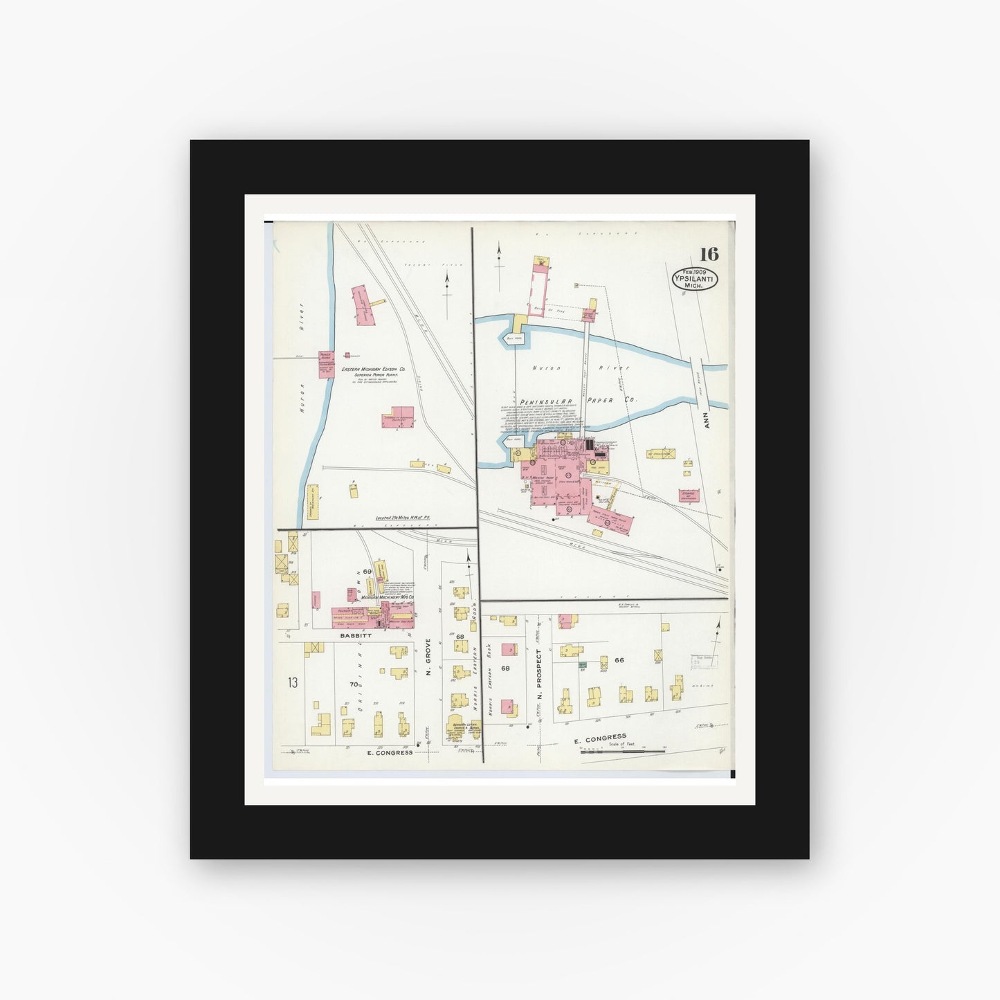 Old map wall art mockup — black gallery frame with white mat — Sanborn Fire Insurance Map from Ypsilanti, Washtenaw County, Michigan (1909), Sheet #0016
