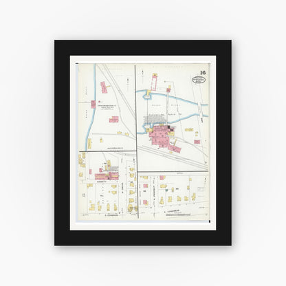 Old map wall art mockup — black gallery frame with white mat — Sanborn Fire Insurance Map from Ypsilanti, Washtenaw County, Michigan (1909), Sheet #0016