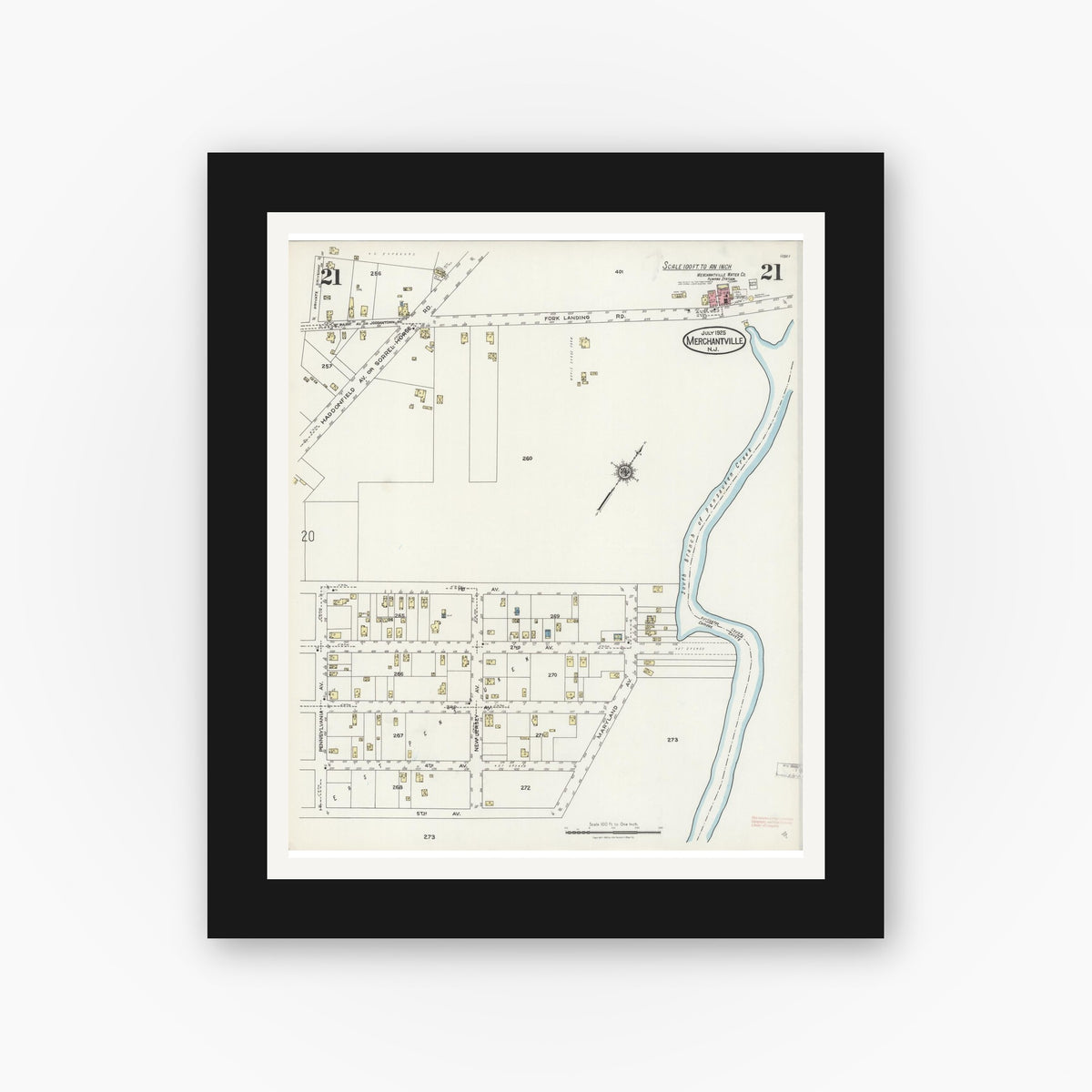Old map wall art mockup — black gallery frame with white mat — Sanborn Fire Insurance Map from Merchantville, Camden County, New Jersey (1925), Sheet #0021