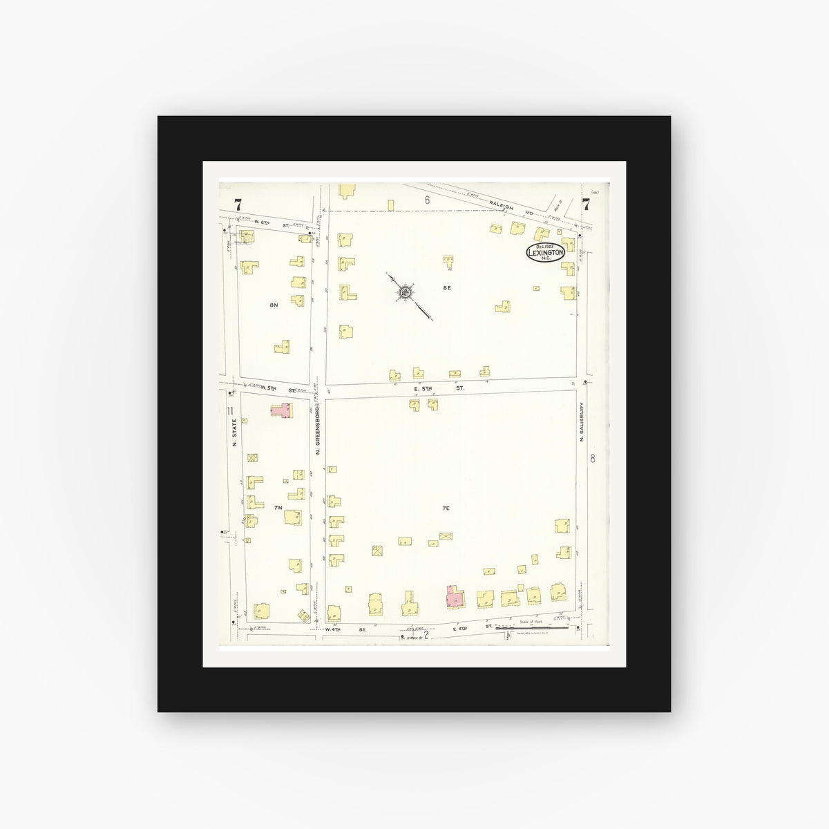 Old map wall art mockup — black gallery frame with white mat — Sanborn Fire Insurance Map from Lexington, Davidson County, North Carolina (1923), Sheet #0007