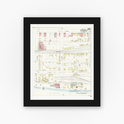 Old map wall art mockup — black gallery frame with white mat — Sanborn Fire Insurance Map from Ottumwa, Wapello County, Iowa (1897), Sheet #0014