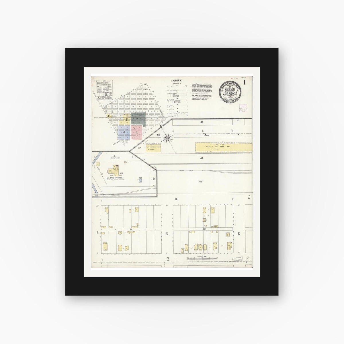 Old map wall art mockup — black gallery frame with white mat — Sanborn Fire Insurance Map from Los Banos, Merced County, California (1908) - Complete Map Set