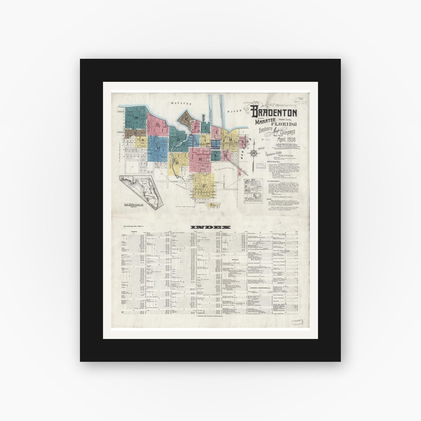 Old map wall art mockup — black gallery frame with white mat — Sanborn Fire Insurance Map from Bradentown, Manatee County, Florida (1926) - Complete Map Set