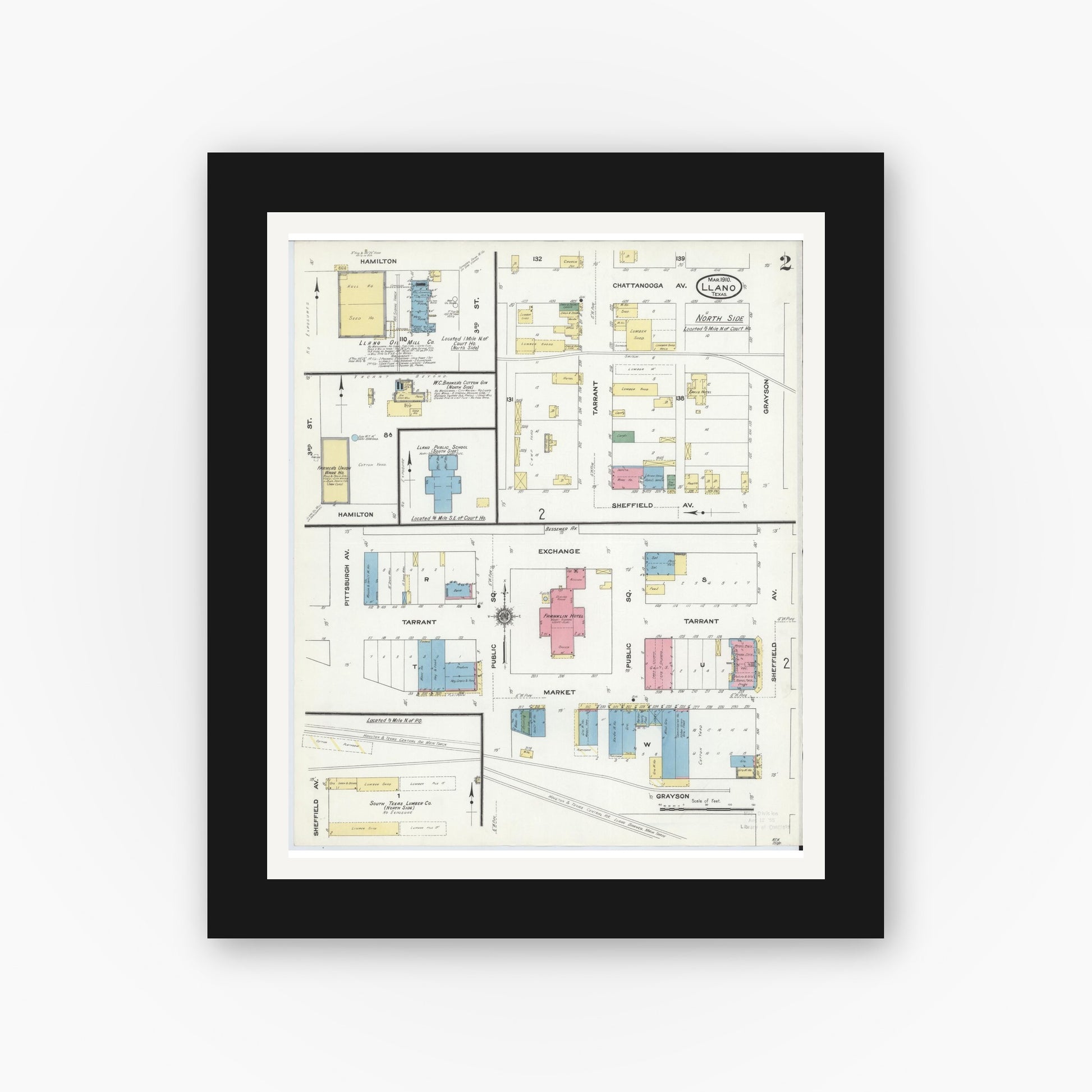 Old map wall art mockup — black gallery frame with white mat — Sanborn Fire Insurance Map from Llano, Llano County, Texas (1910), Sheet #0002
