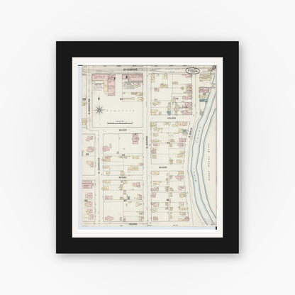 Old map wall art mockup — black gallery frame with white mat — Sanborn Fire Insurance Map from Piqua, Miami County, Ohio (1887), Sheet #0009