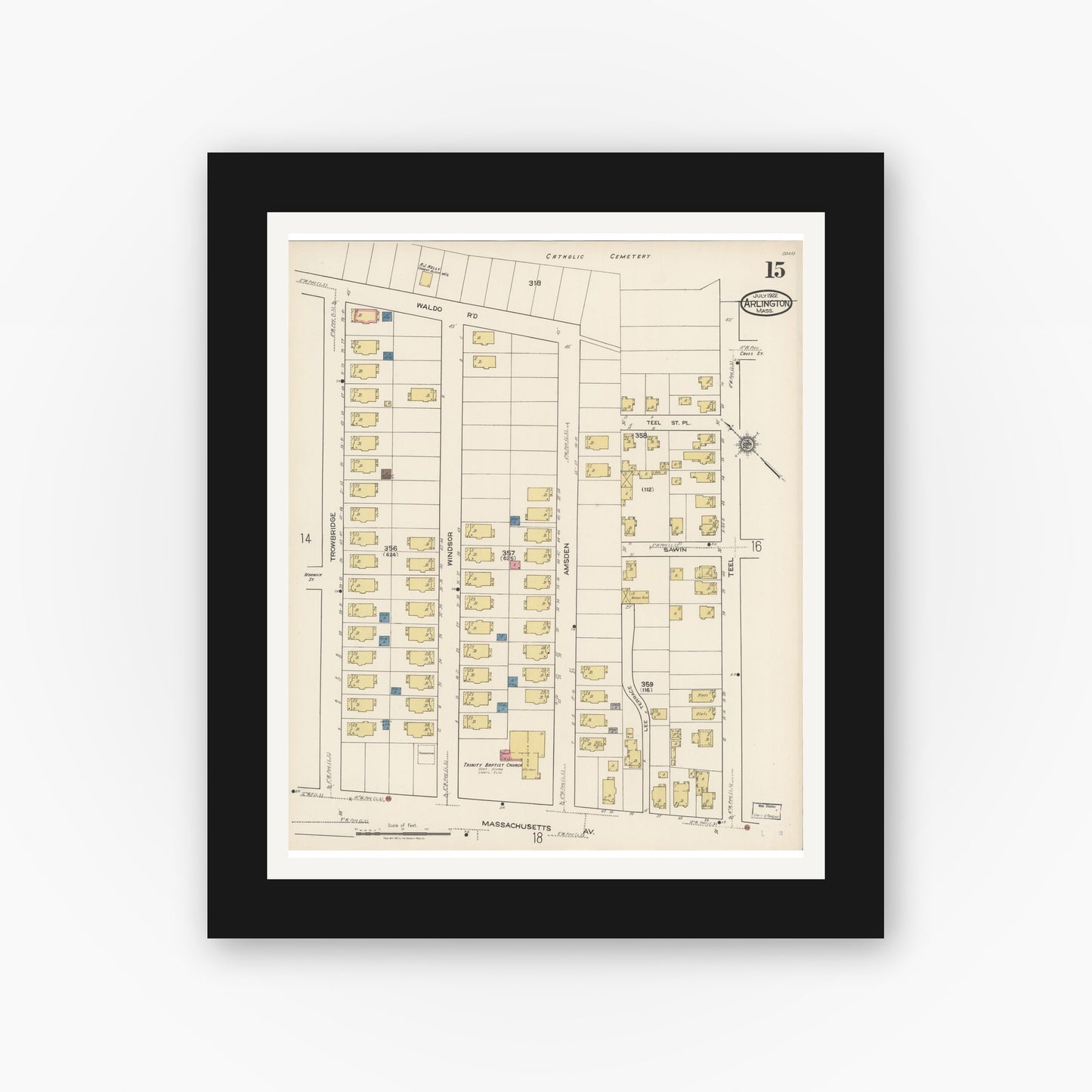 Old map wall art mockup — black gallery frame with white mat — Sanborn Fire Insurance Map from Arlington, Middlesex County, Massachusetts (1922), Sheet #0015