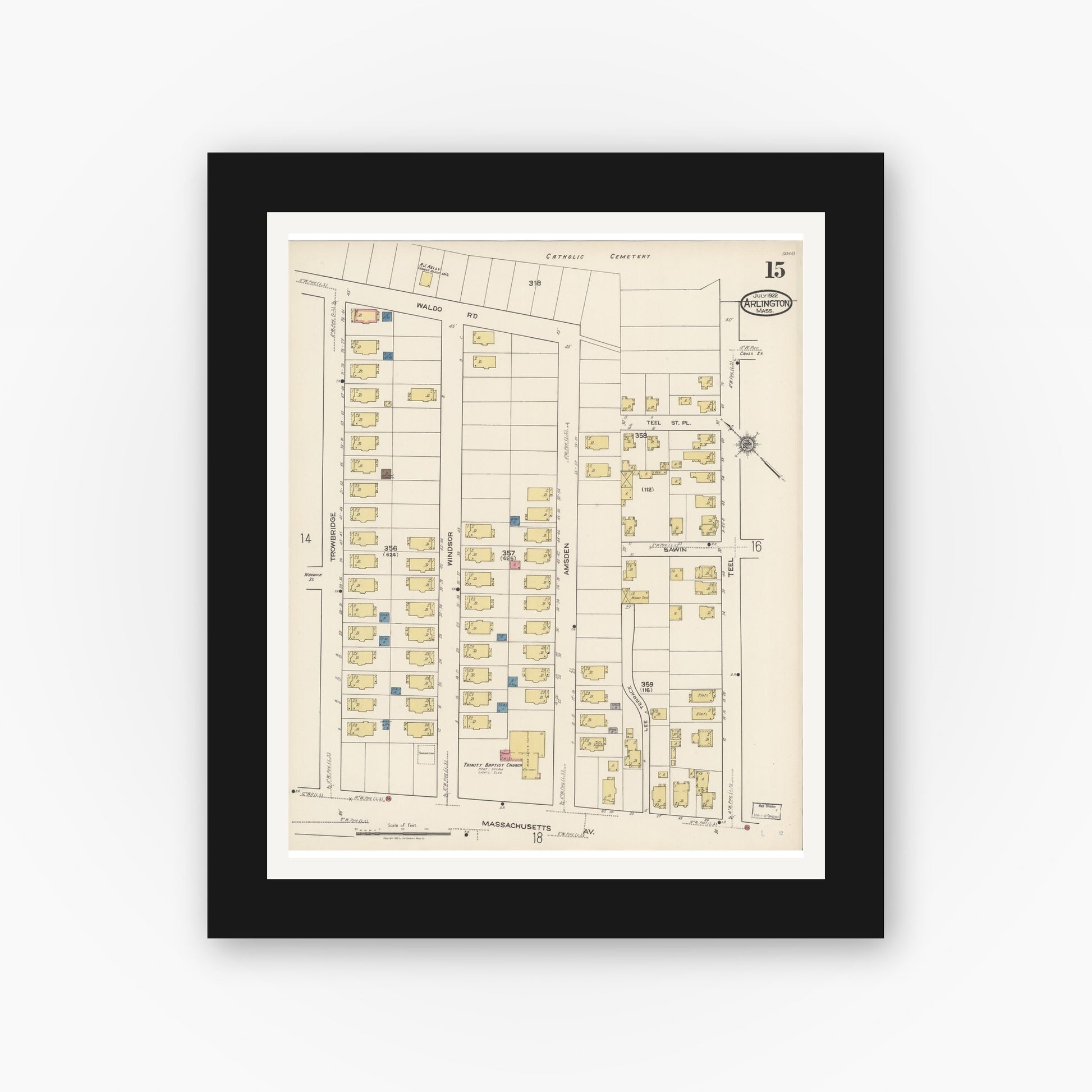Old map wall art mockup — black gallery frame with white mat — Sanborn Fire Insurance Map from Arlington, Middlesex County, Massachusetts (1922), Sheet #0015