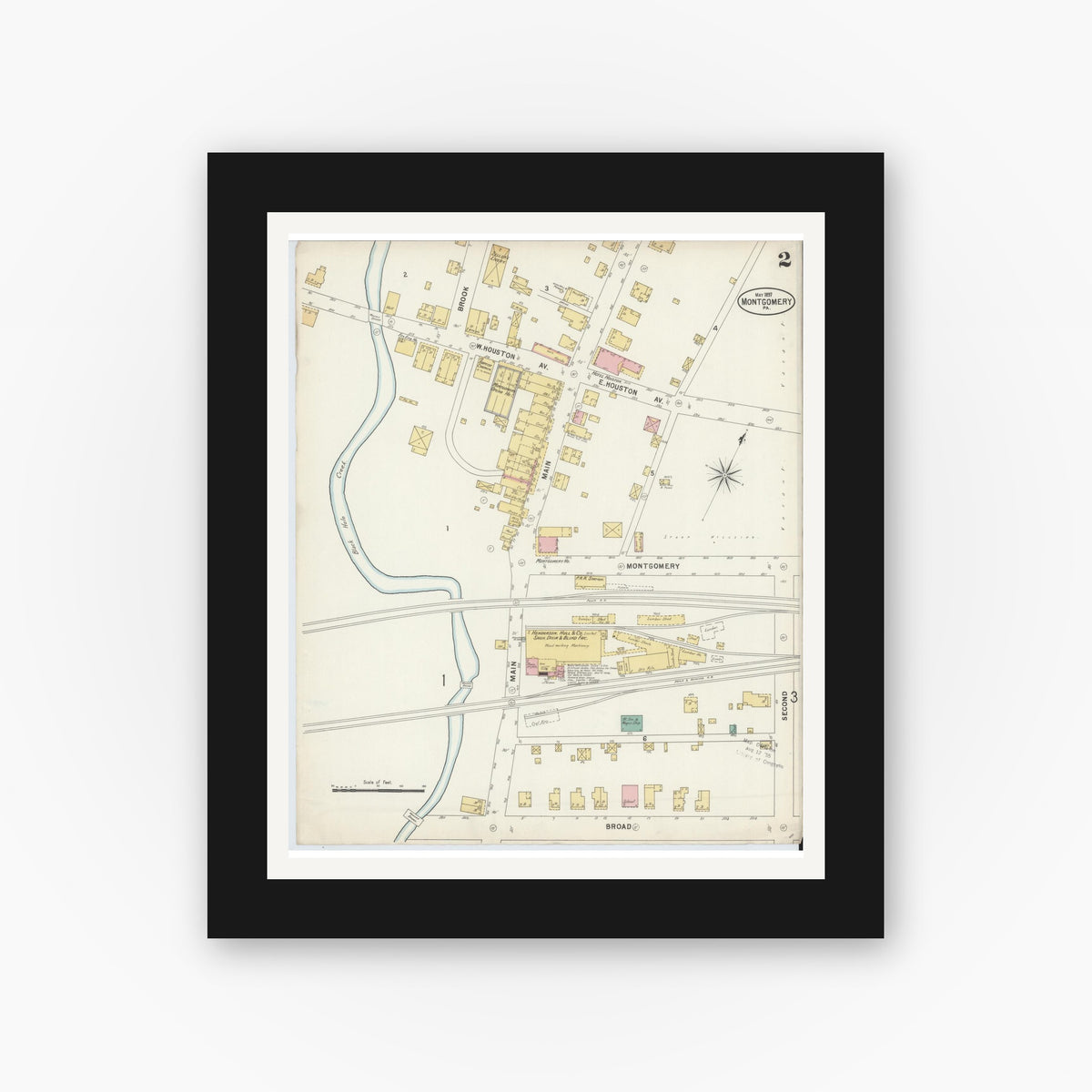 Old map wall art mockup — black gallery frame with white mat — Sanborn Fire Insurance Map from Montgomery, Lycoming County, Pennsylvania (1897), Sheet #0002