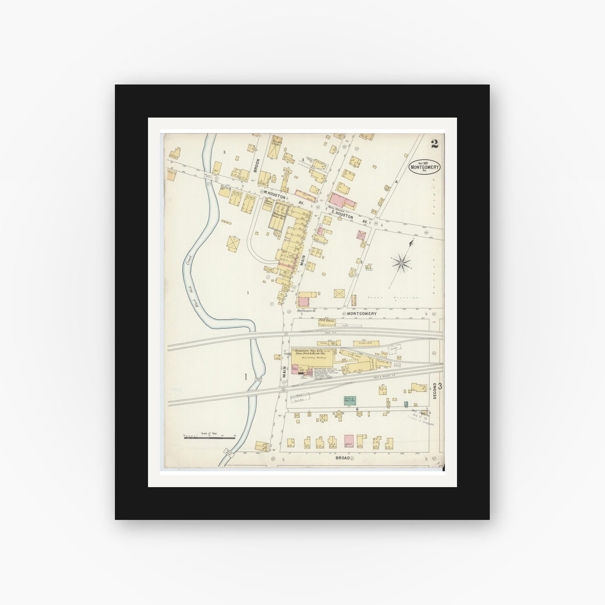 Old map wall art mockup — black gallery frame with white mat — Sanborn Fire Insurance Map from Montgomery, Lycoming County, Pennsylvania (1897), Sheet #0002
