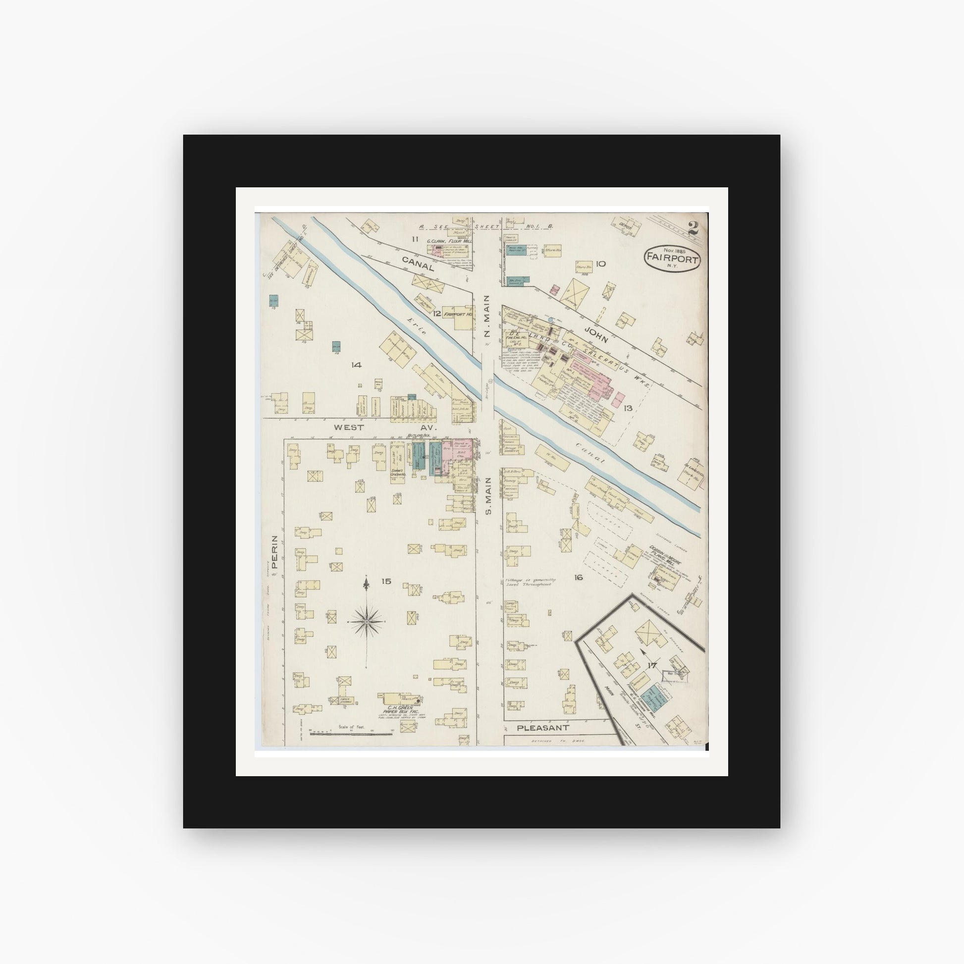 Old map wall art mockup — black gallery frame with white mat — Sanborn Fire Insurance Map from Fairport, Monroe County, New York (1885), Sheet #0002
