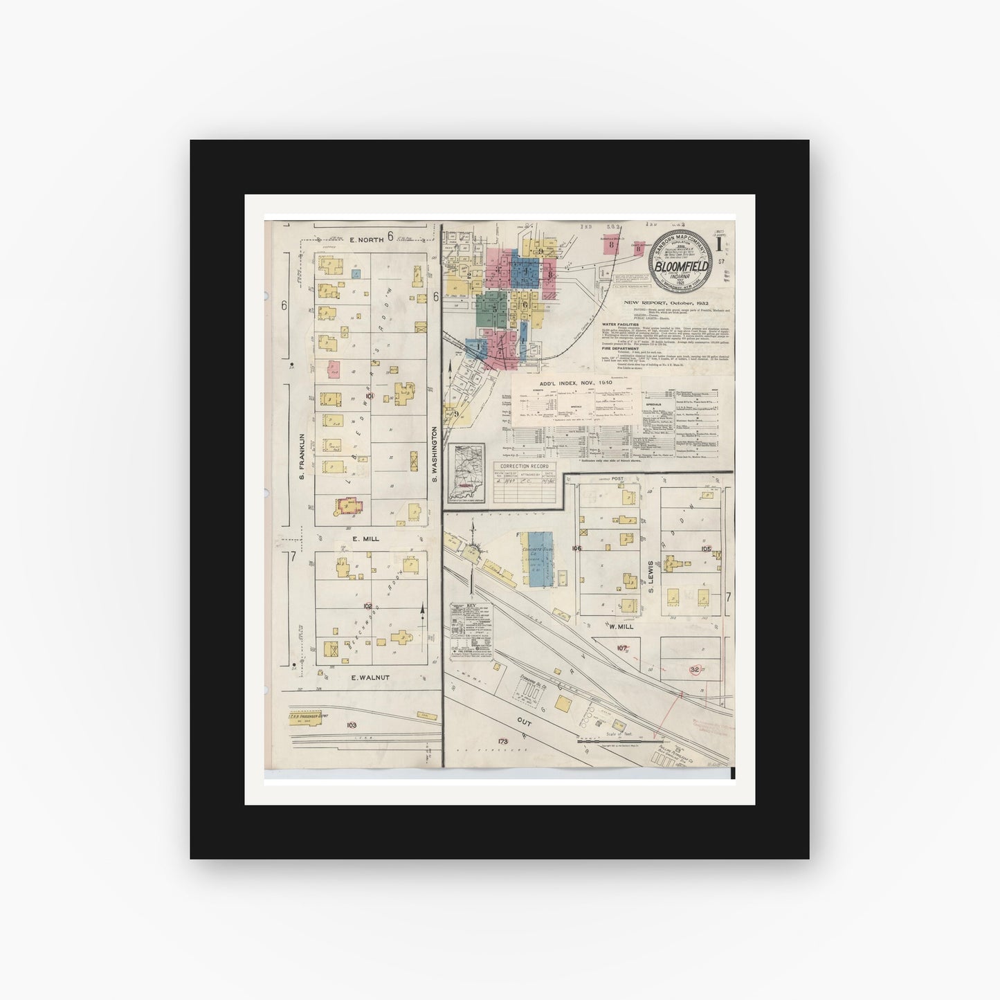 Old map wall art mockup — black gallery frame with white mat — Sanborn Fire Insurance Map from Bloomfield, Greene County, Indiana (1940) - Complete Map Set