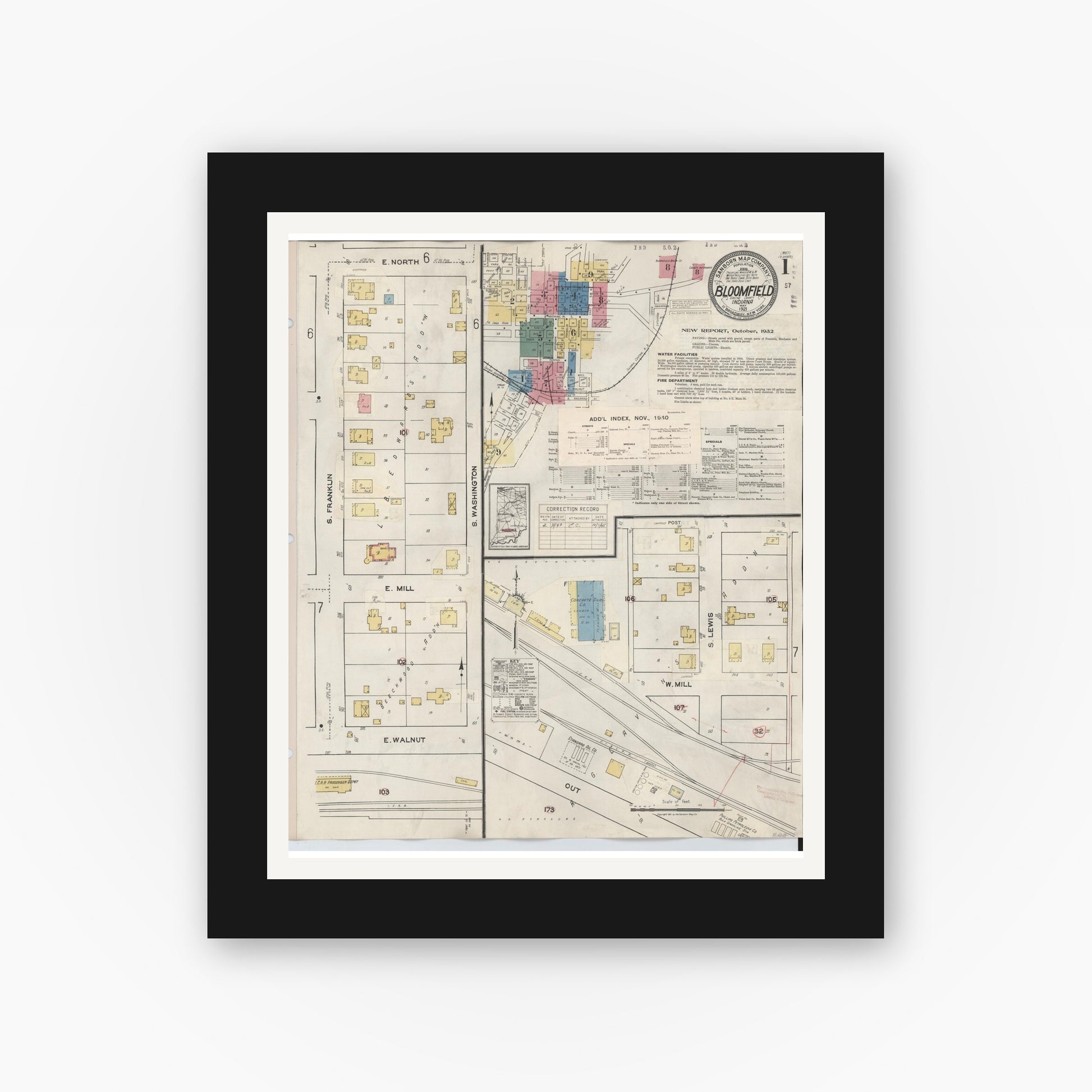 Old map wall art mockup — black gallery frame with white mat — Sanborn Fire Insurance Map from Bloomfield, Greene County, Indiana (1940) - Complete Map Set