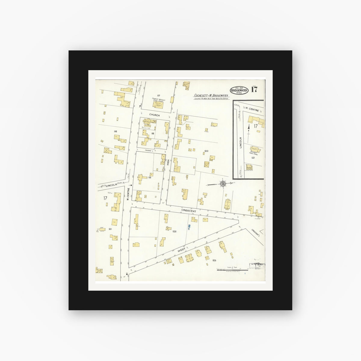Old map wall art mockup — black gallery frame with white mat — Sanborn Fire Insurance Map from Bridgewater, Plymouth County, Massachusetts (1921), Sheet #0017