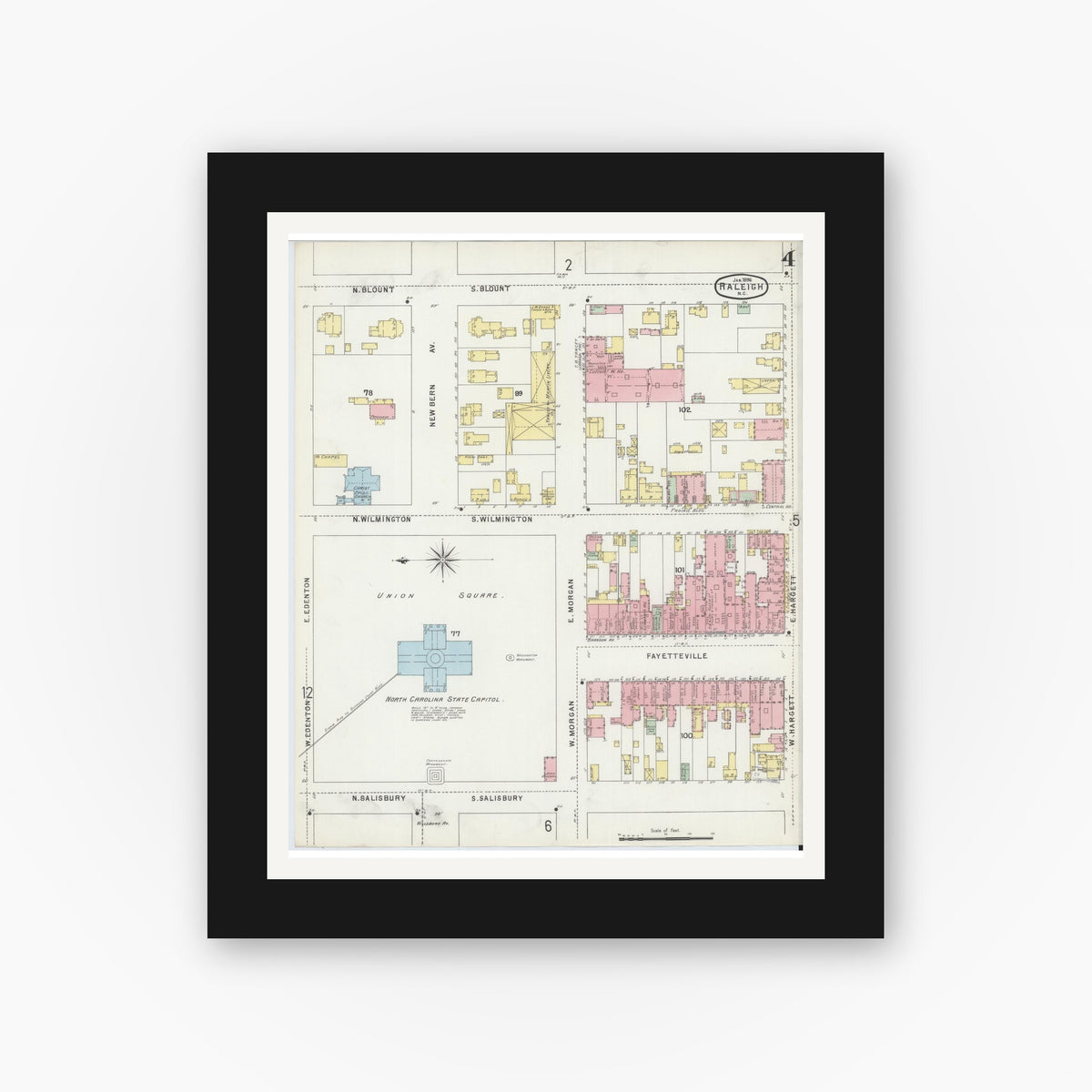 Old map wall art mockup — black gallery frame with white mat — Sanborn Fire Insurance Map from Raleigh, Wake County, North Carolina (1896), Sheet #0004