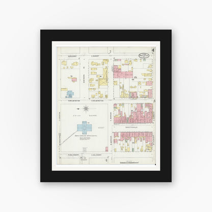 Old map wall art mockup — black gallery frame with white mat — Sanborn Fire Insurance Map from Raleigh, Wake County, North Carolina (1896), Sheet #0004