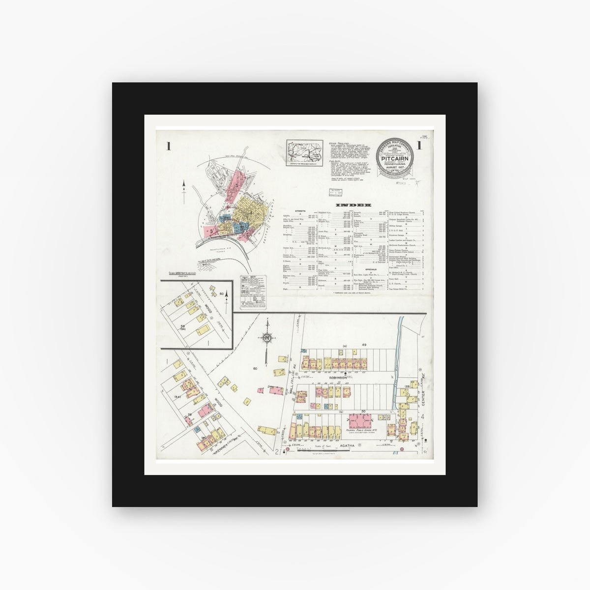 Old map wall art mockup — black gallery frame with white mat — Sanborn Fire Insurance Map from Pitcairn, Allegheny County, Pennsylvania (1927) - Complete Map Set