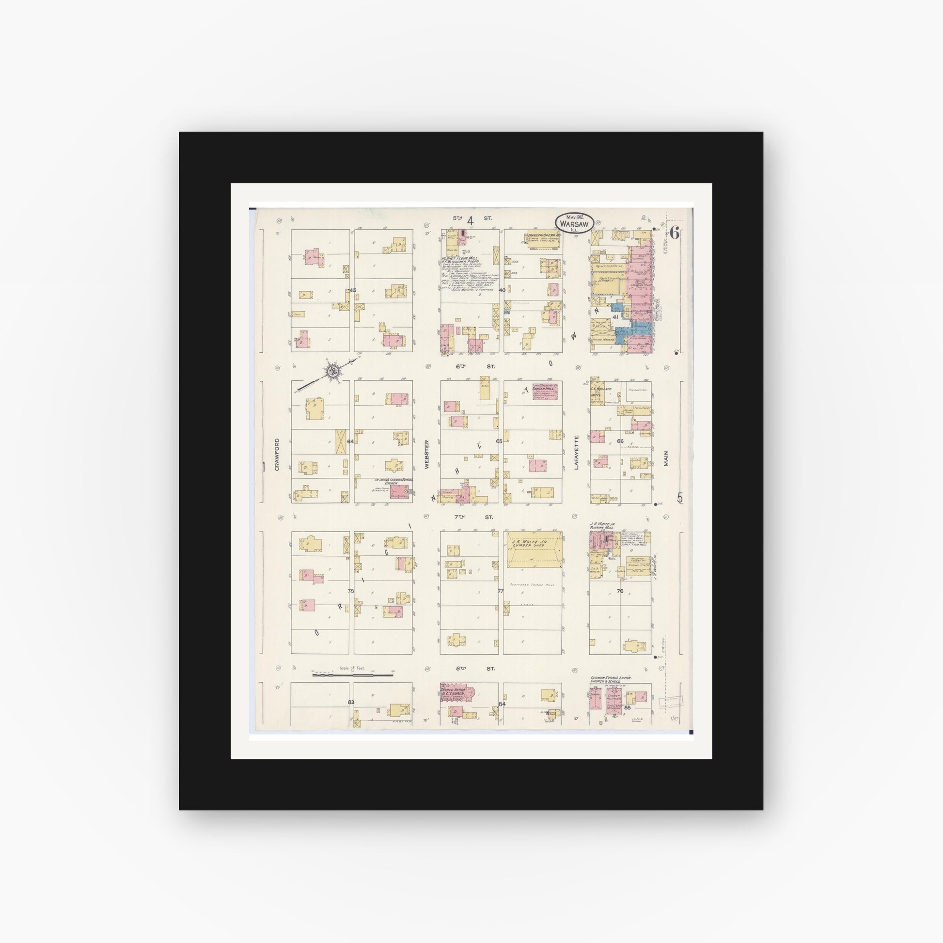 Old map wall art mockup — black gallery frame with white mat — Sanborn Fire Insurance Map from Warsaw, Hancock County, Illinois (1912), Sheet #0006
