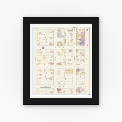 Old map wall art mockup — black gallery frame with white mat — Sanborn Fire Insurance Map from Warsaw, Hancock County, Illinois (1912), Sheet #0006
