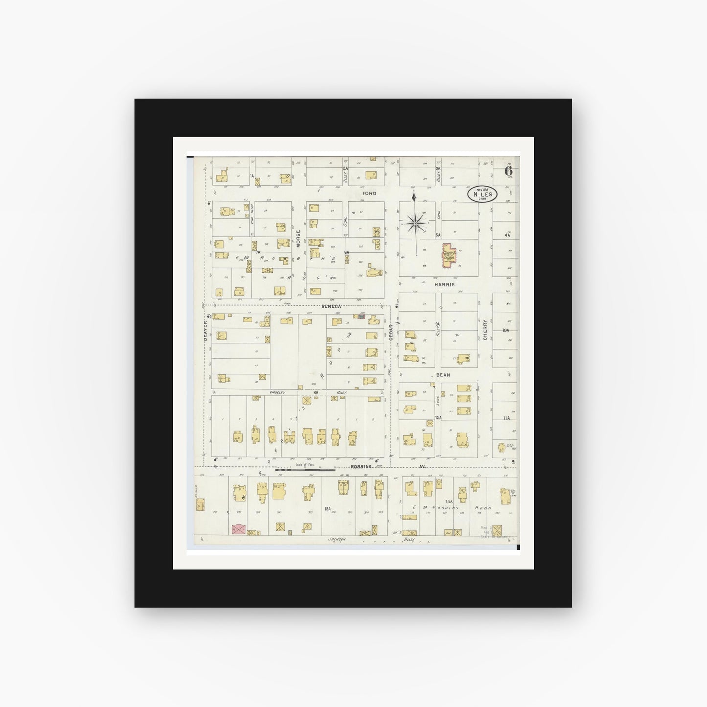 Old map wall art mockup — black gallery frame with white mat — Sanborn Fire Insurance Map from Niles, Trumbull County, Ohio (1898), Sheet #0006
