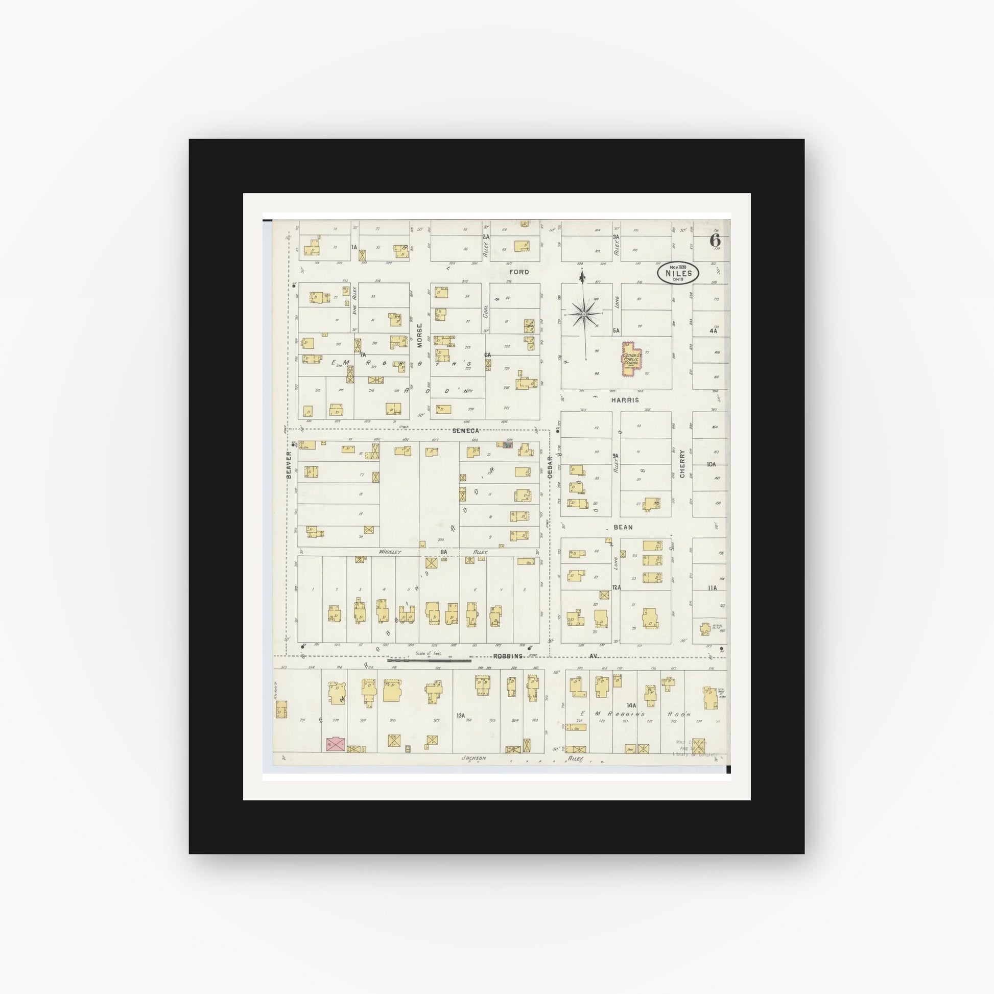 Old map wall art mockup — black gallery frame with white mat — Sanborn Fire Insurance Map from Niles, Trumbull County, Ohio (1898), Sheet #0006