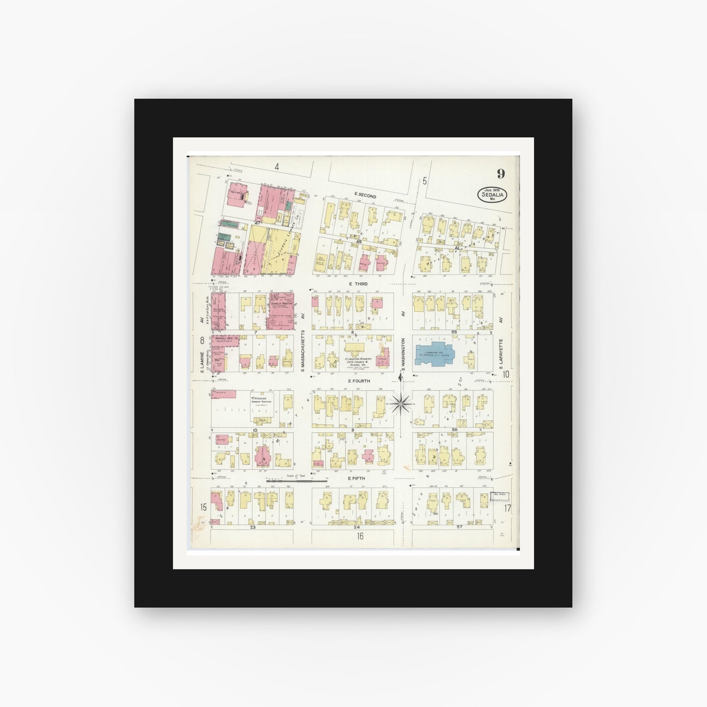 Old map wall art mockup — black gallery frame with white mat — Sanborn Fire Insurance Map from Sedalia, Pettis County, Missouri (1908), Sheet #0009