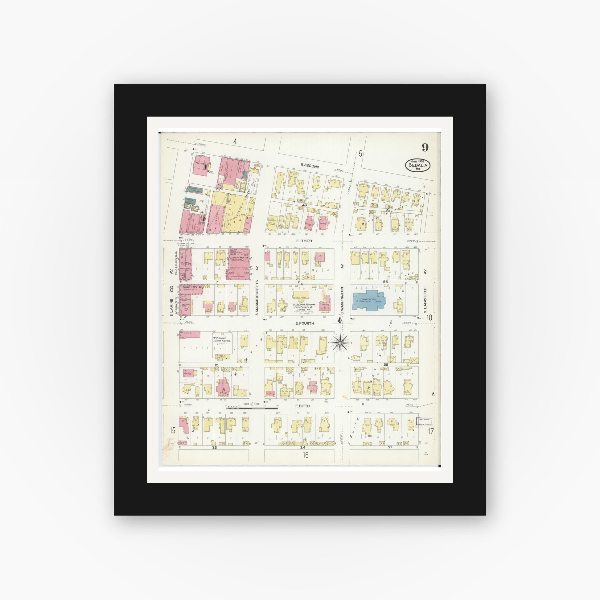 Old map wall art mockup — black gallery frame with white mat — Sanborn Fire Insurance Map from Sedalia, Pettis County, Missouri (1908), Sheet #0009