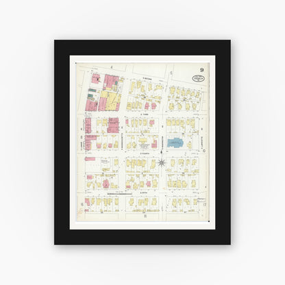 Old map wall art mockup — black gallery frame with white mat — Sanborn Fire Insurance Map from Sedalia, Pettis County, Missouri (1908), Sheet #0009