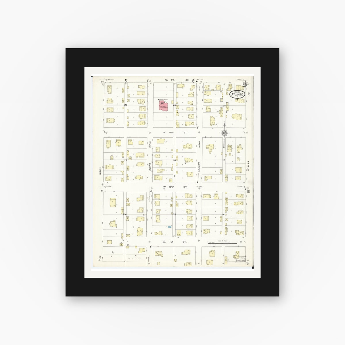 Old map wall art mockup — black gallery frame with white mat — Sanborn Fire Insurance Map from Atlantic, Cass County, Iowa (1913), Sheet #0009